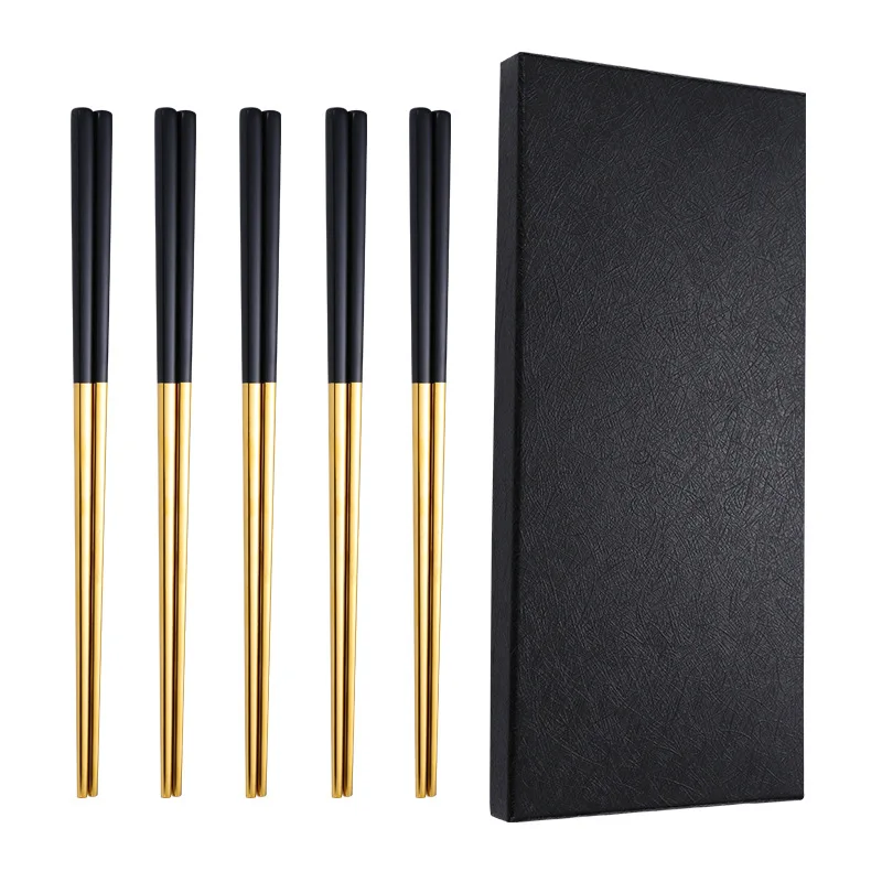 Factory Price 5 Pairs  Black And Gold Korean Chopsticks 18/10 Metal Stainless Steel Gift Wedding Chopsticks Set