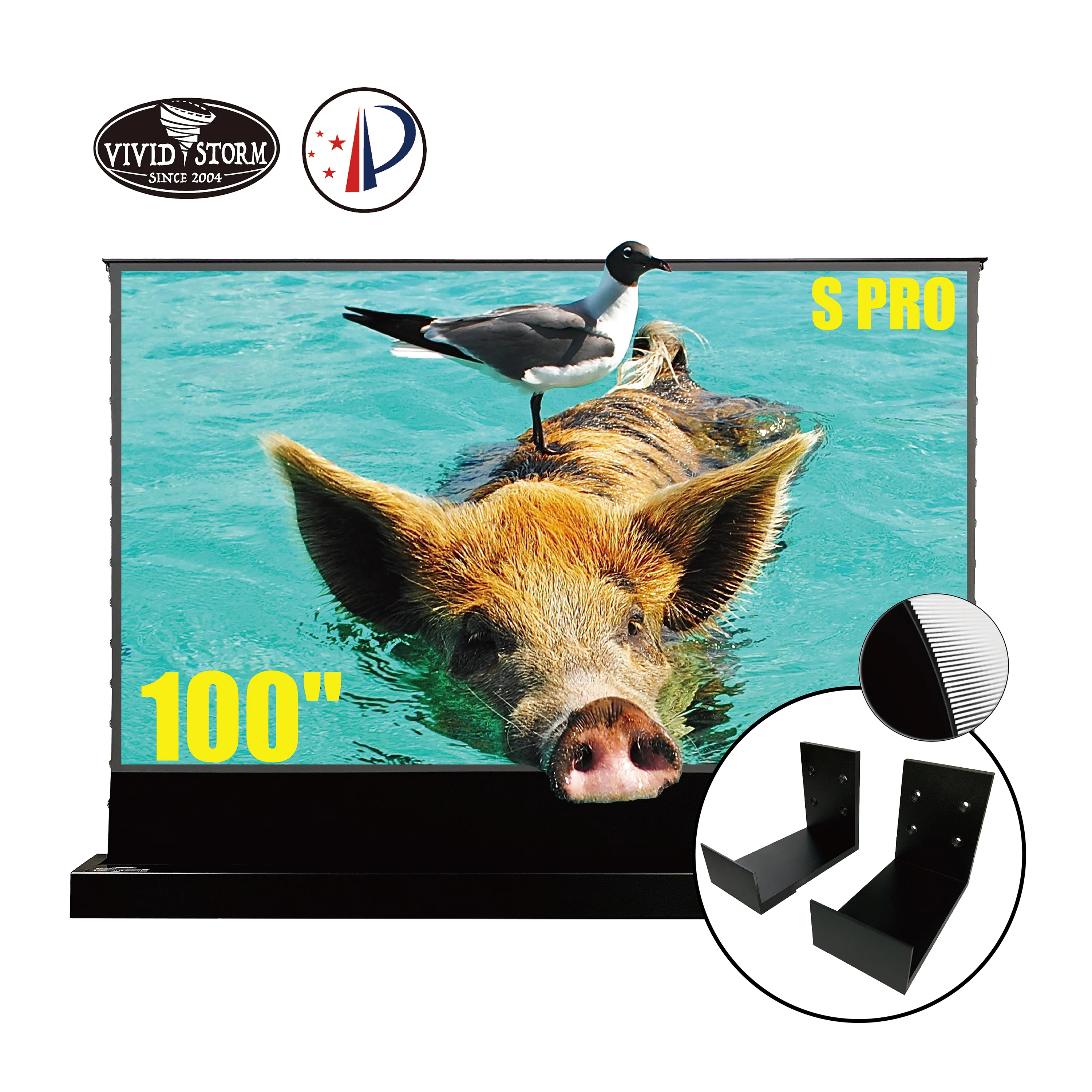 S PRO 100 inch Electric Tension Floor Rising UST ALR Projection Screen with Wall brackets