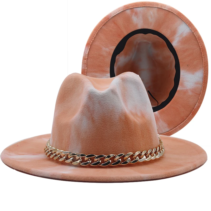 Fashion Fake Wool Felt Fedora 2 tone hat different color brim women fedora hats with metal chain