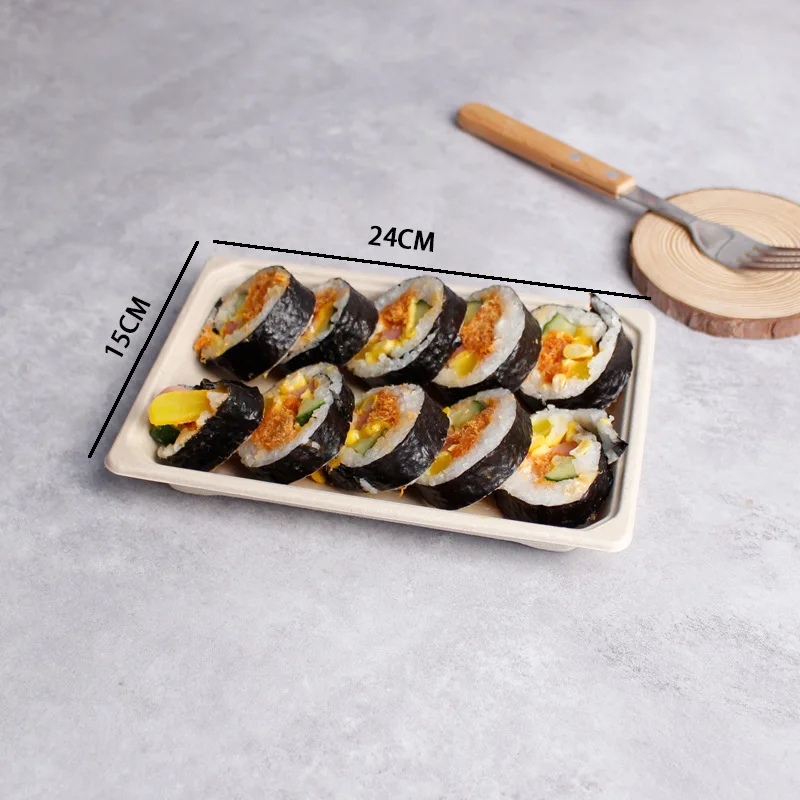 Customized Various Size Disposable Sushi Tray Biodegradable Sugarcane Bagasse Vegetables Tray with Lid
