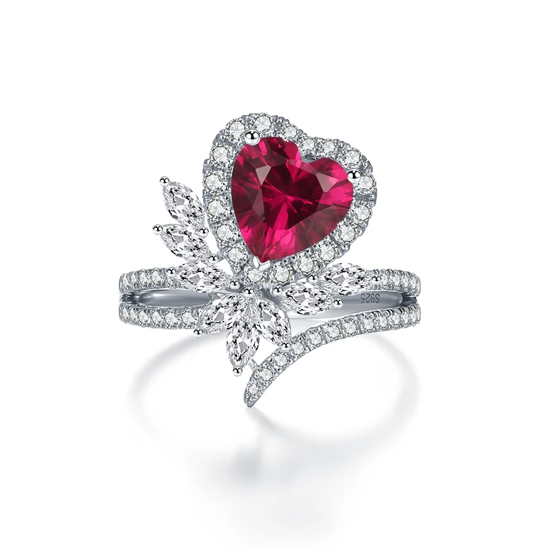 Custom Luxury Heart Ring Cubic Zirconia Eternity Promise Ring Women Jewelry Ruby Red Gemstone Crystal 925 Sterling Silver Ring