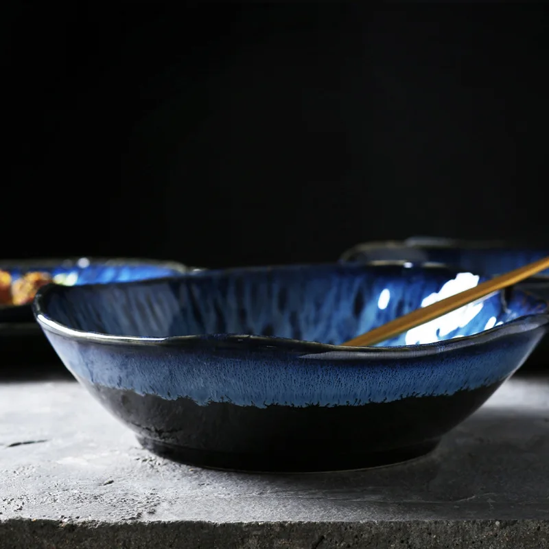 Nordic Modern Home tableware blue Glazed deep Plates Bowl Ceramic Dinnerware for hotel Restaurant porcelain Salad dessert bowls