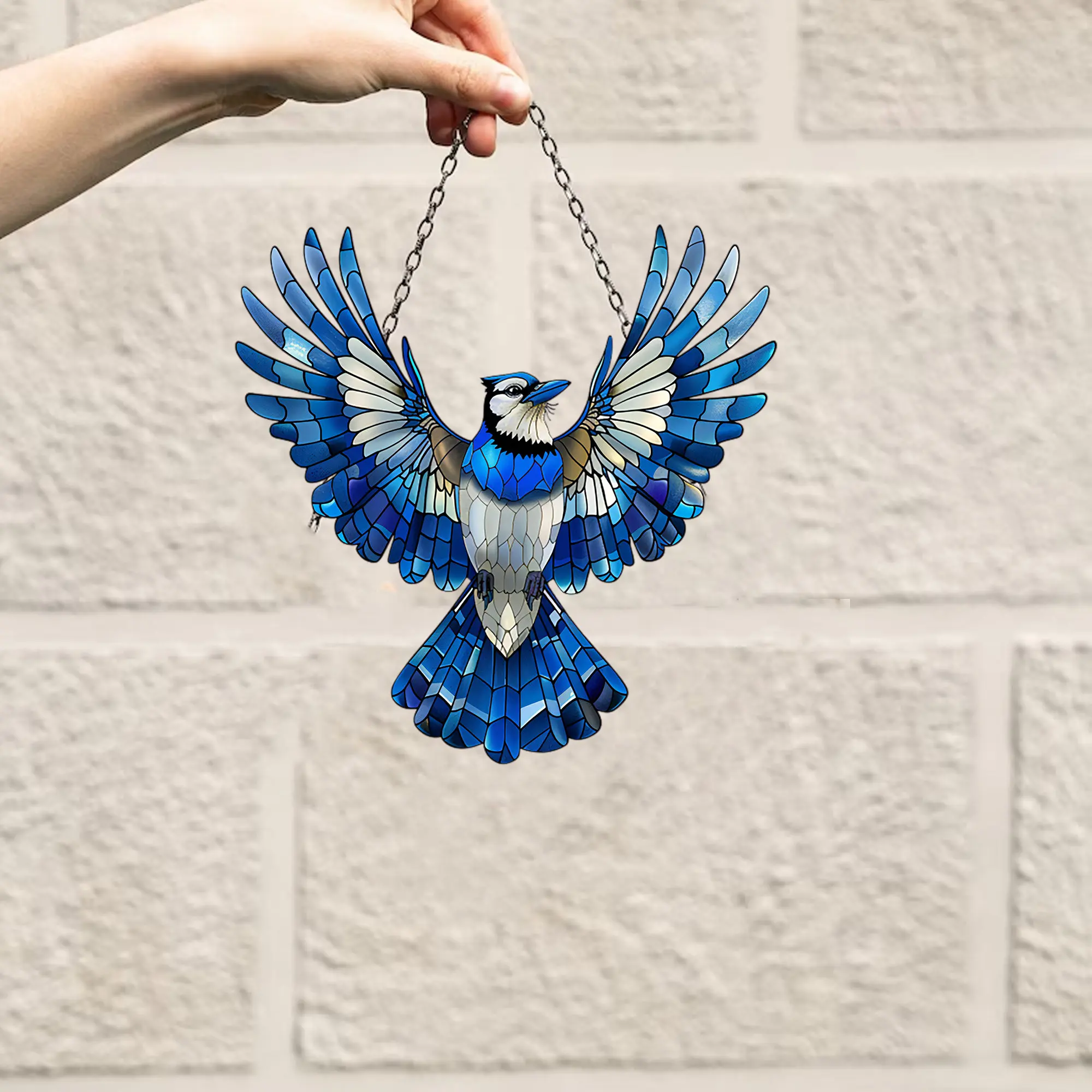 Acrylic Blue Jay with peony flowers window hangings Nature lover home decor Housewarming gift Bird Ornaments
