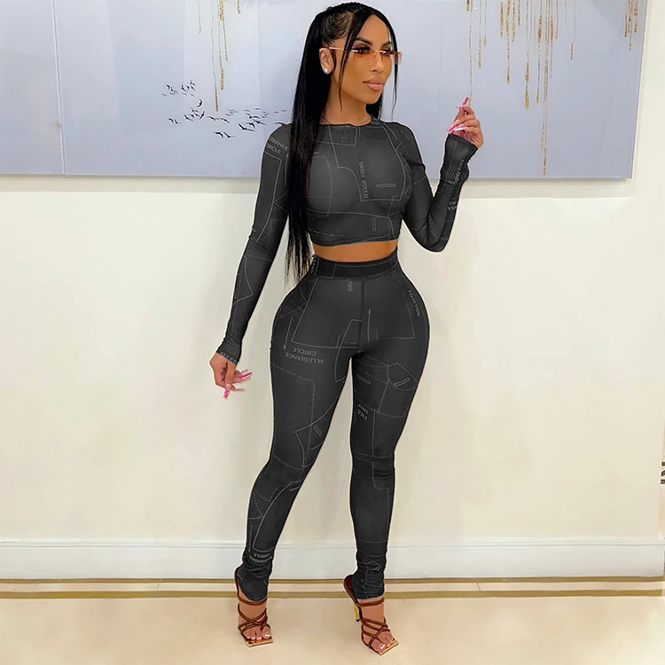 Cozy Wear Trendy Apparel Gauze Letter Print Crew Neck Long Sleeve Womens Two Piece Casual Sets