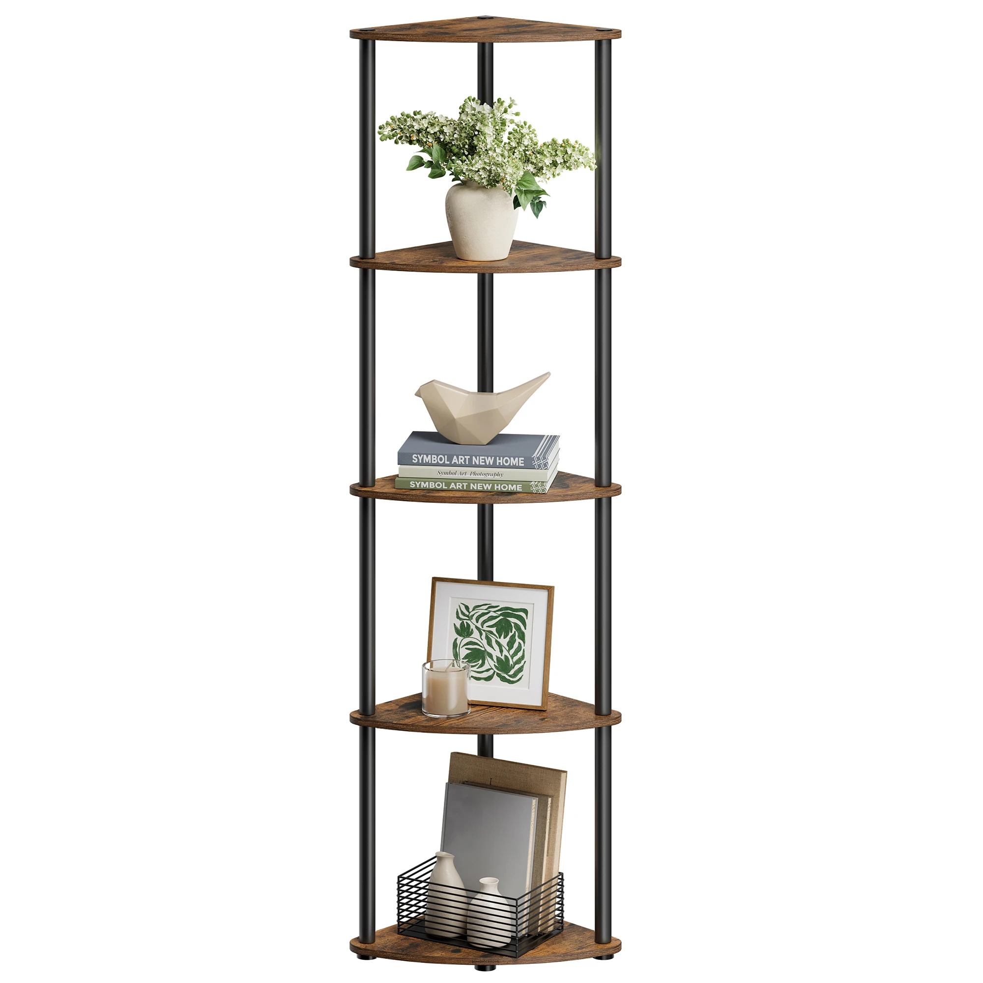 SONGMICS HOME Small Space Decor Free Installation Floor 5 Tier Corner Storage Stand Wood Corner Bookshelf