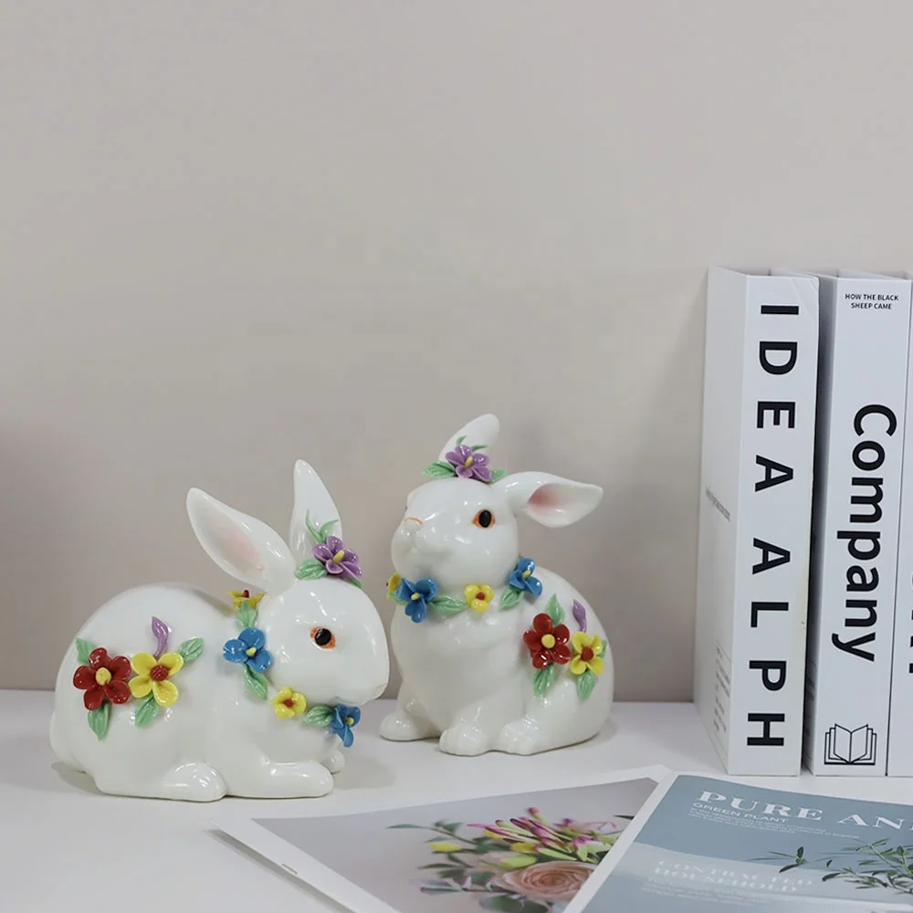 Factory Wholesale Ceramic Easter Rabbit Ornaments Easter Bunny Rabbit Figurines Statue for Home Decor