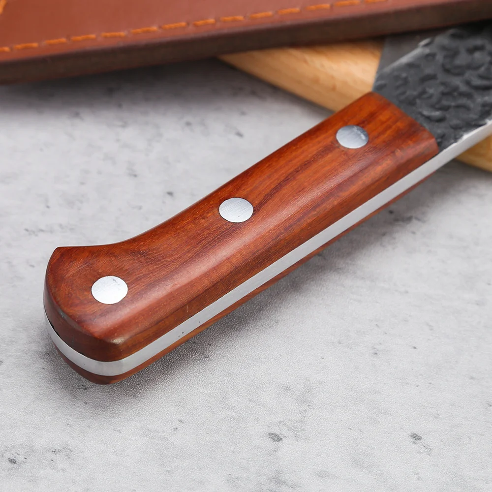
Factory OEM 7 Inch 5.5mm Thick Full Tang Hammer Finished Red Sandal Wood Handle Stainless Steel Kitchen Chef Knife Meat Hammered 