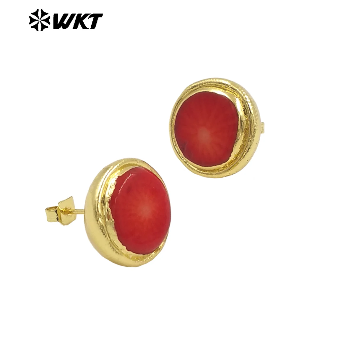 WT-MPE138 2024 Latest Models Cute Stylish 18K Gold Plated Natural Brass Red Coral Round Earrings For Women As Birthday Gifts