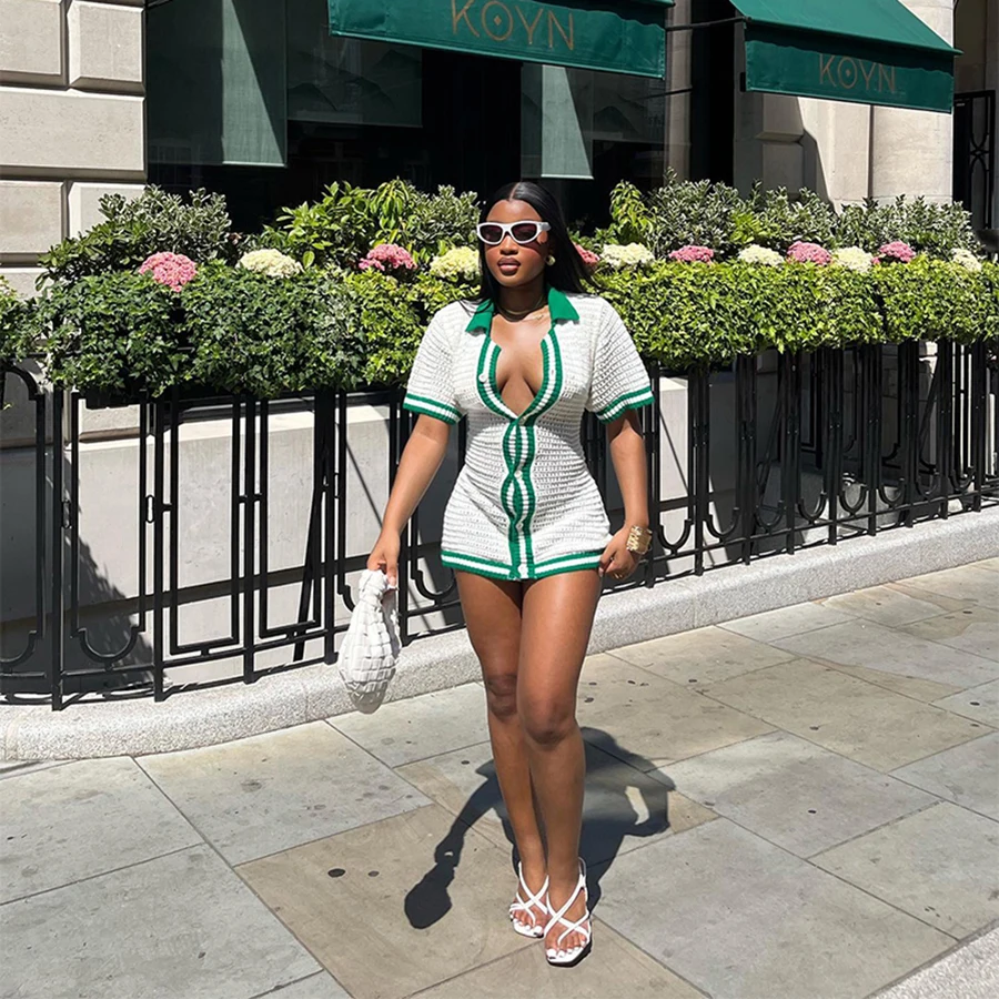 Kliou W23D32587 Knitted Panelled Bodycon Mini Dresses Patchwork Slim Dress Short Sleeve With Buttons Women Casual Dresses