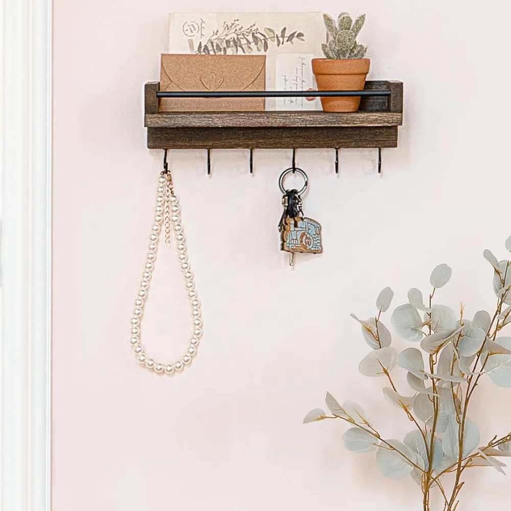 Rustic brown wood key rack with 6 hooks decorative display keys hanger organizer for entryway wood key holder for wall