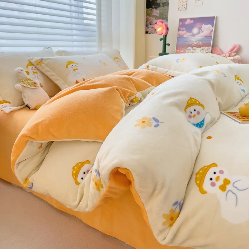 Modern Milk Velvet Three-Piece Set Including Four-Piece Winter Warm Thickened Coral Velvet Quilt Cover Double-Sided Flannel
