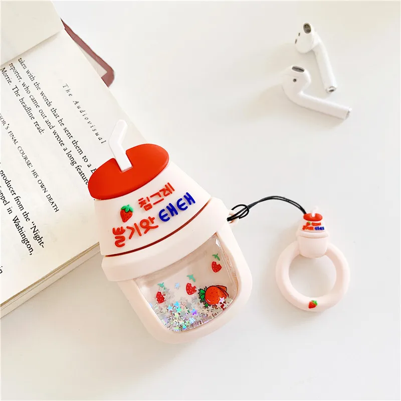 3D Cute Funny Quicksand Bubble Tea Strawberry Silicone Earphone Protective Cover With Finger Ring Case For Apple Airpods 2 1
