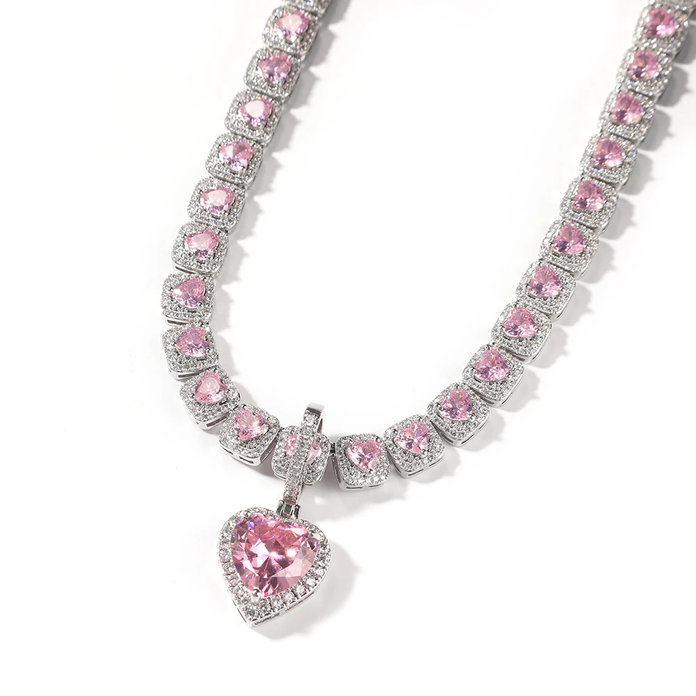 UWIN Pink CZ Heart Shape Chain Pendant Iced Pink Oil Earring Hiphop Women Necklace Rapper Fashion Women Jewelry Set