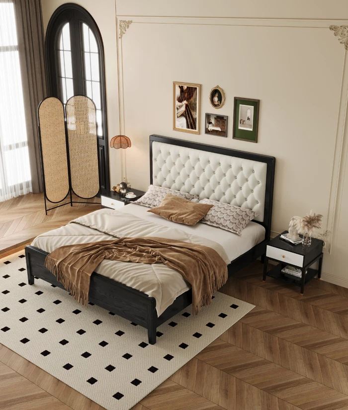 Modern European Style Queen Size Bed Frame with High Fabric Headboard and Soft Mattress Gorgeous Wood Panel Design