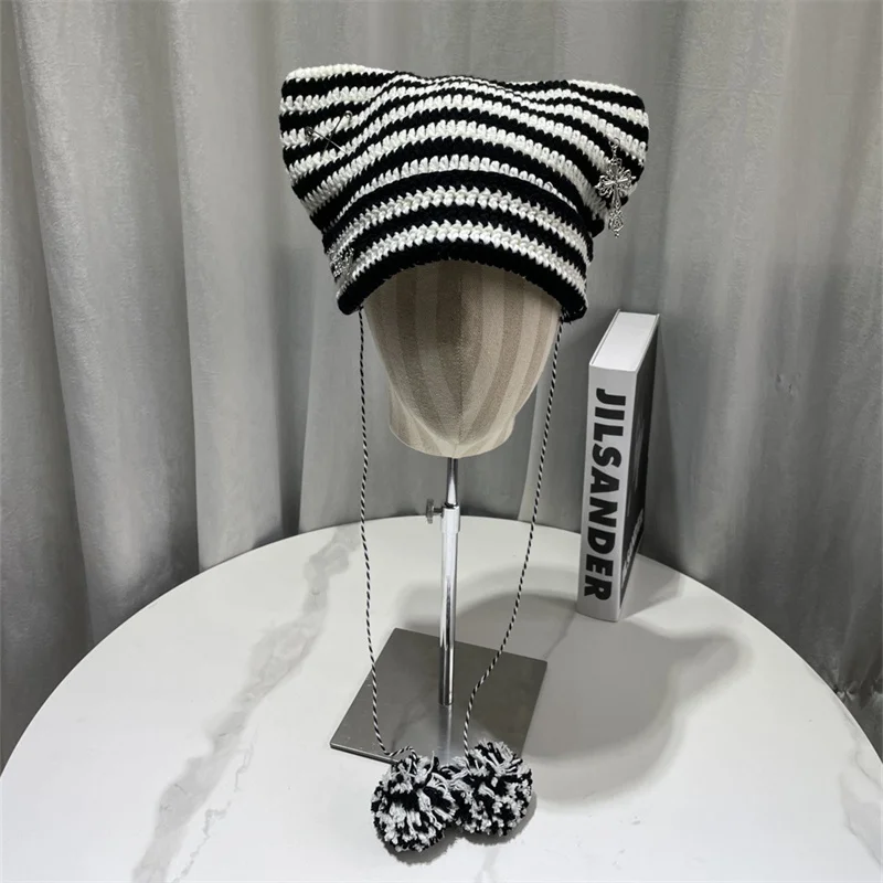 Korean Striped Knit Hat with Pom Warm Furry Ladies Winter hat Y2K Cute Cat Ear Beanie Hats