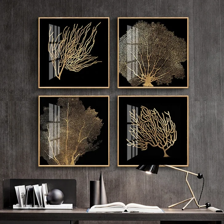 Абстрактная декоративная настенная живопись с изображением золотых листьев из хрустального фарфора для домашнего декора отеля