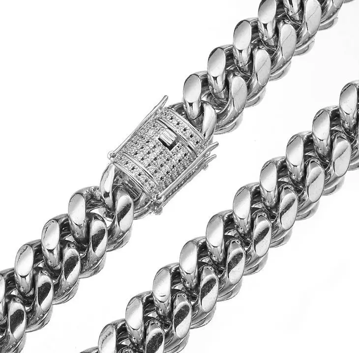 Mens Miami Cuban Link Chain 18K Gold plated 8/10/12/14/16/18mm Stainless Steel Curb Necklace with cz Diamond Chain Choker