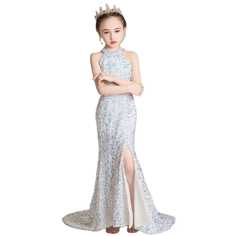 girls stage performance colorful sequins halter neck collar Slim fit trailing Mermaid princess evening dress