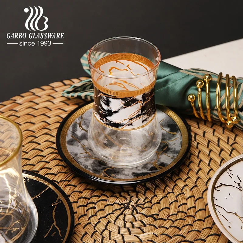 Tea glass cup with marble print saucer plate custom decal coffee drinking glasses tumbler set glassware table decoration cups
