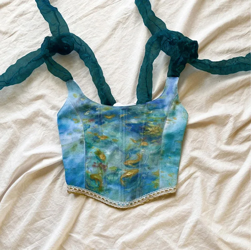 Vintage Corset for Women Green Corset Tops Women Lace Up Sexy Boned Fairy Oil Painting Top