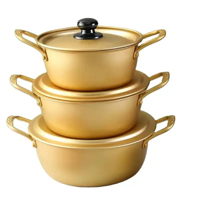 Korean Style Ramen Soup Pot Double Handle Gold Instant Noodle Pot Sauce Pot with Lid