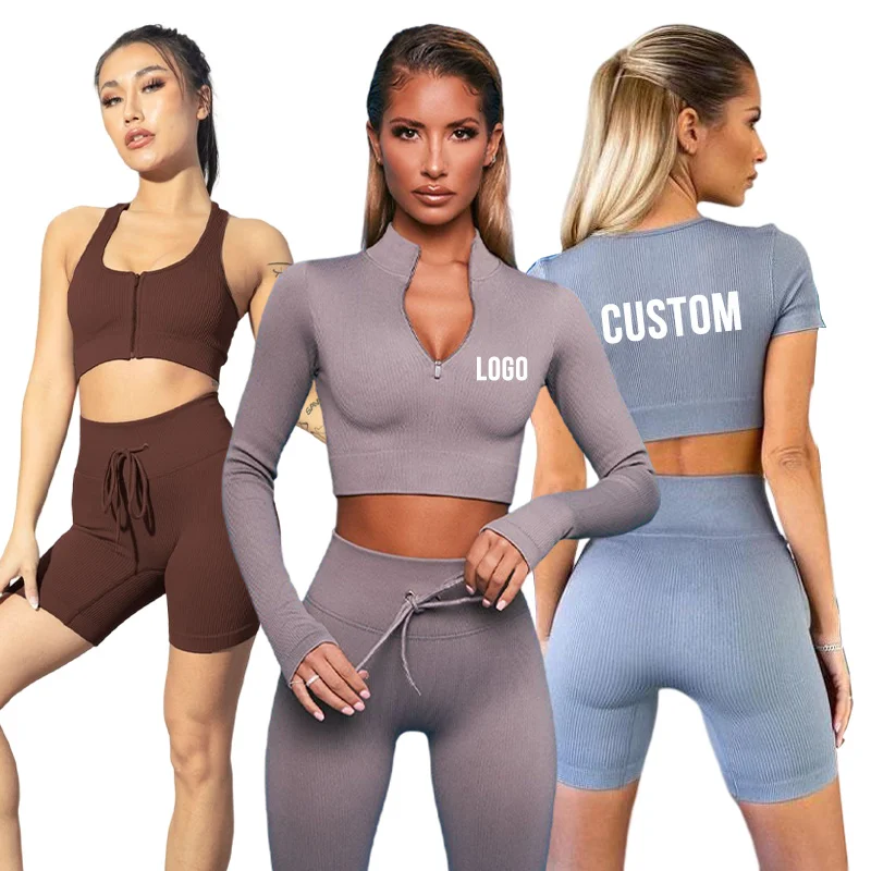 Wholesale Women High Waist 2 Piece Gym Fitness Set Custom Rbbed Yoga Set Seamless Yoga Set