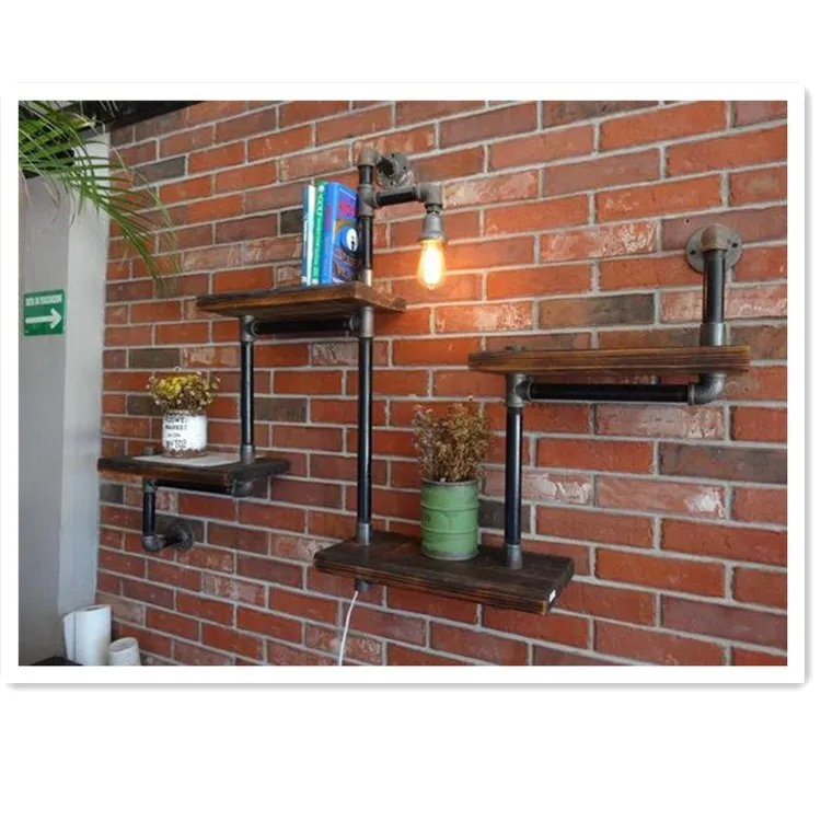 Rustic Industrial Wood and pipe wall shelf   Lamp Room Vintage Industry Iron Loft Water Pipe Shelf Wall Light Bookshelf