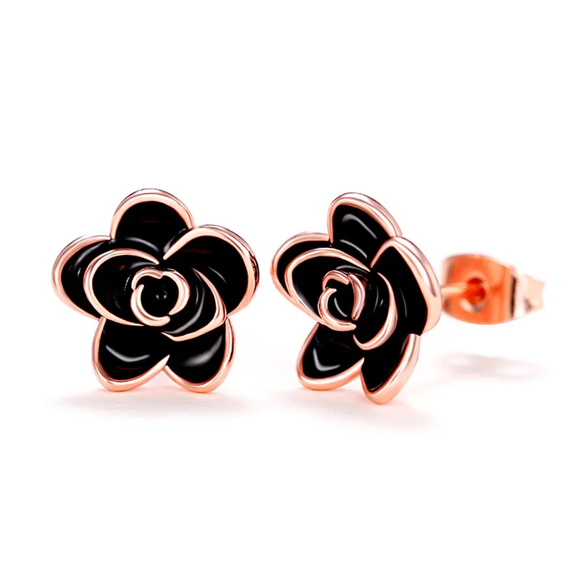 CAOSHI Trendy 3 Colors Women Fashion Black and White Rose Gold Vintage Oil Enamel Flower Earring Stud Earrings Wedding
