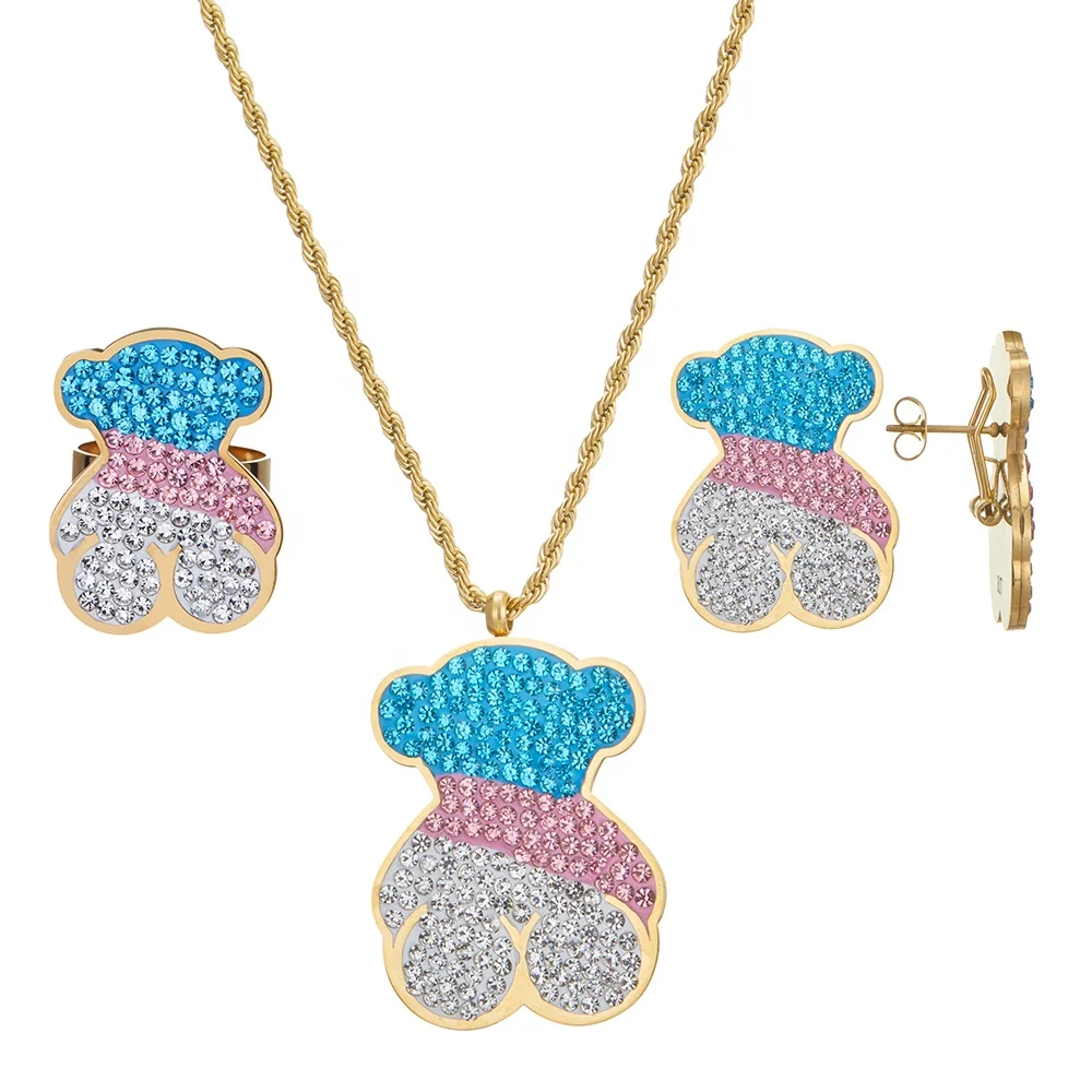 Blue Stone Fashion Gold Plated Stainless Steel Bracelet Necklace Jewelry Women Girl Costume Design  Hawaiian Ring Sets