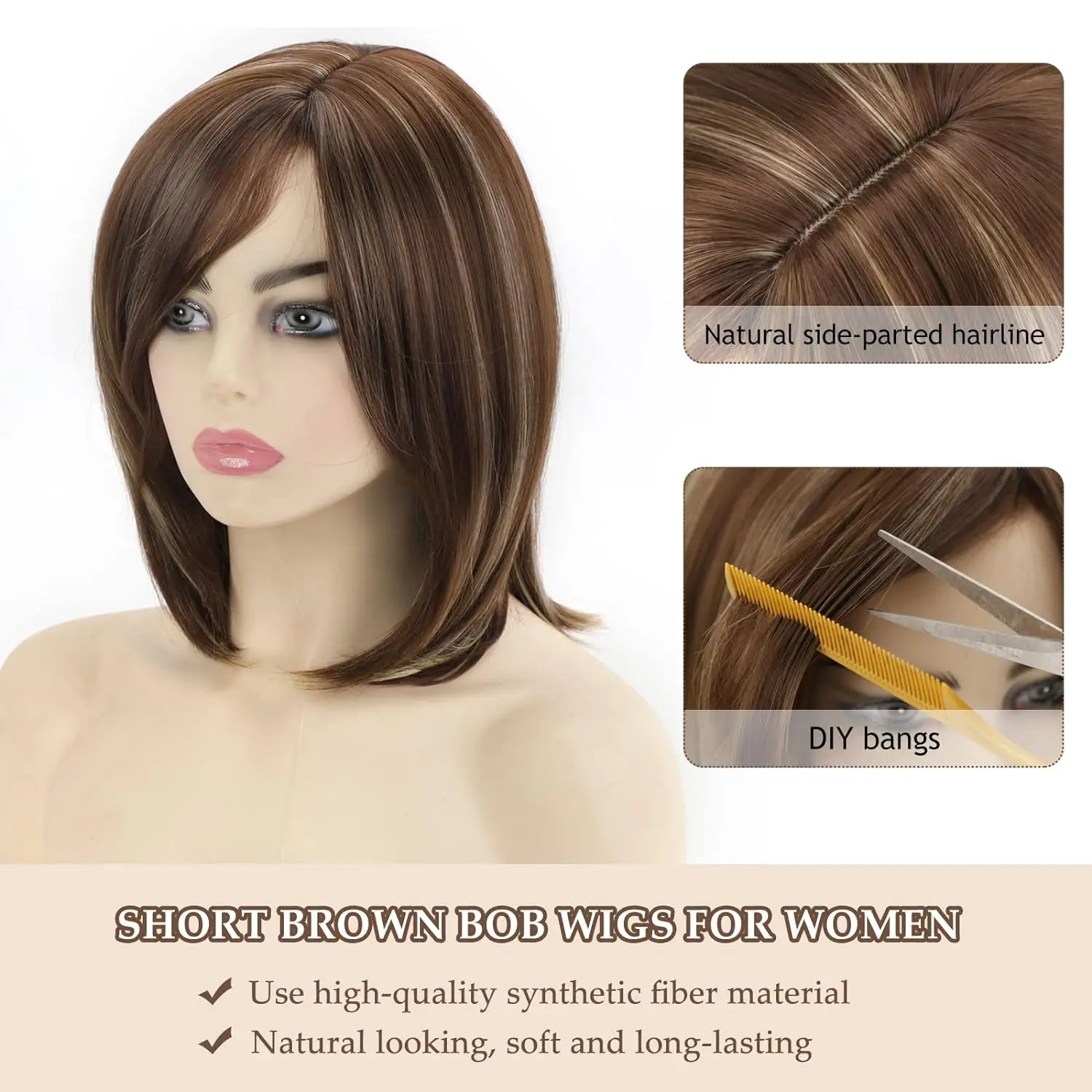 YIMANEILI Bobo Head Synthetic Wig Medium Wigs Natural Straight golden Hair synthetic hair wig  for Women