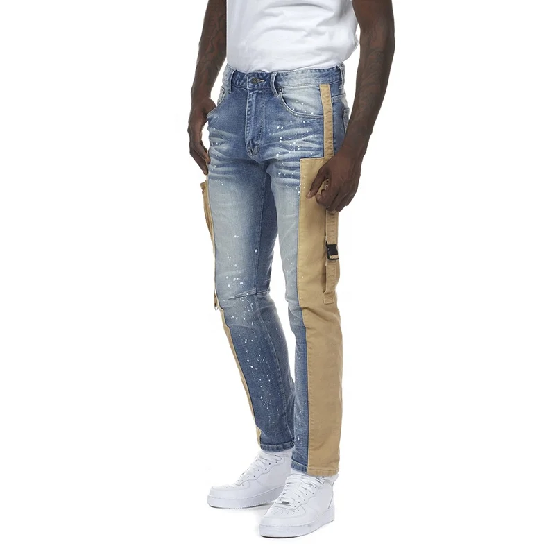YUEGE Custom Style Jean For Man Spot Dot Ribbon Two-Color Splicing Patched Multi-Pocket Denim Jeans Men