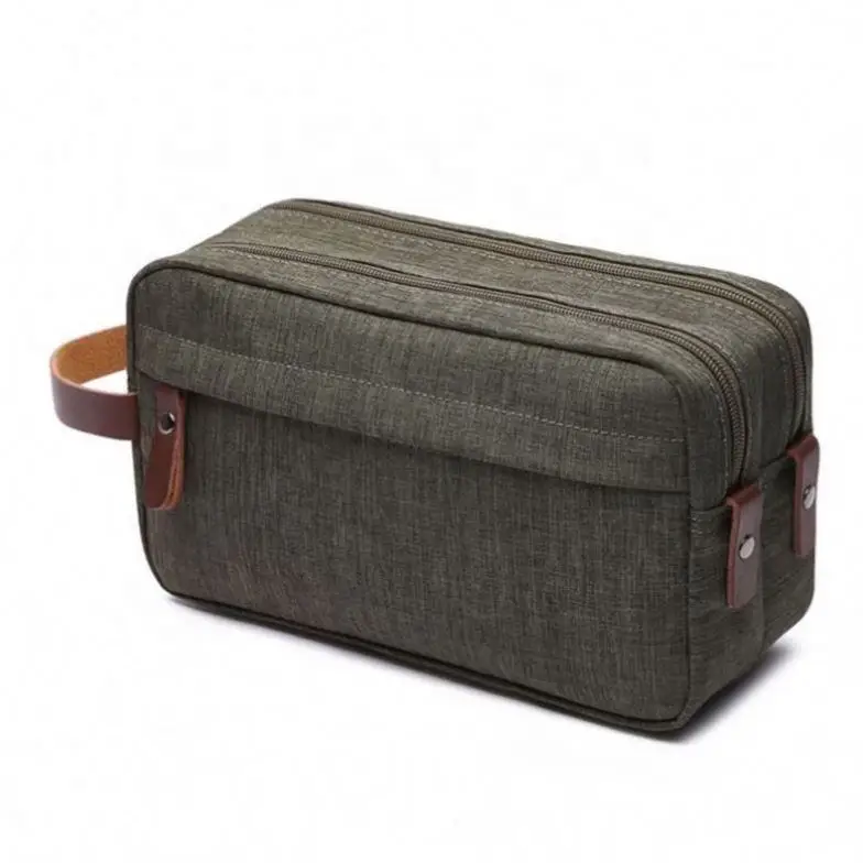 Wholesale Adult Mens green Canvas Cosmetic Toiletry Bag Custom Washed Canvas Travel Toilet Bag For Men