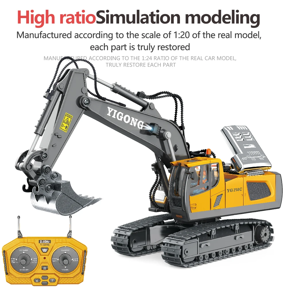 Kids Rc Construction Toys 1/20 2.4Ghz 11Ch Alloy Rc Excavator Truck Engineering Remote Control Rc Excavator Toy With Light Music