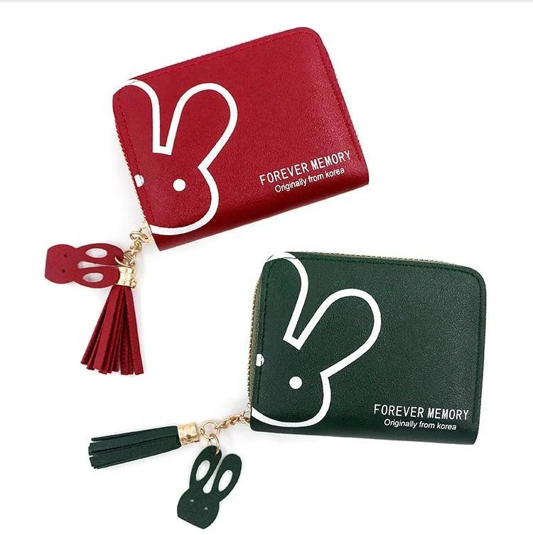 Mini Short Small Pu Leather Solid Coin Credit Card Holder Pocket Rabbit Tassel Pendant Girl Custom Logo Lady Women Purses Wallet