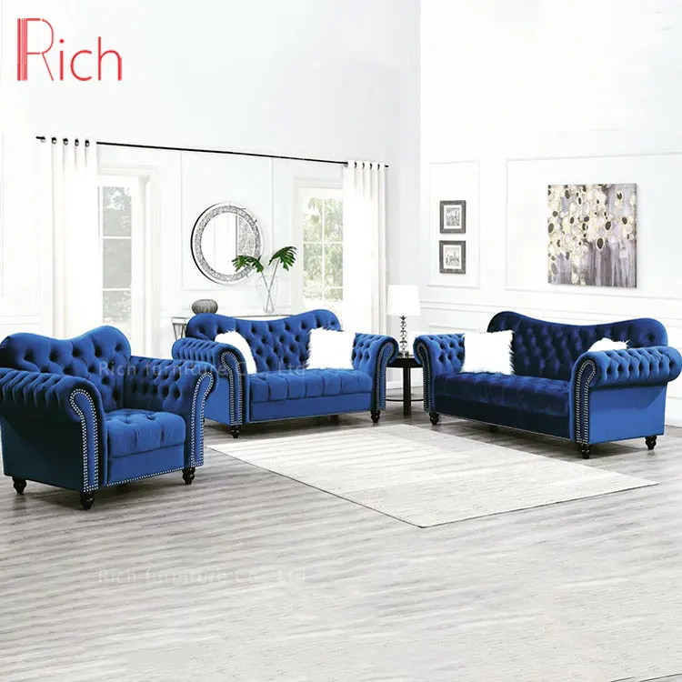 modern blue velvet chesterfield sofa for hotel button tufted nailed roll arm sofa knock down chesterfield living room sofa