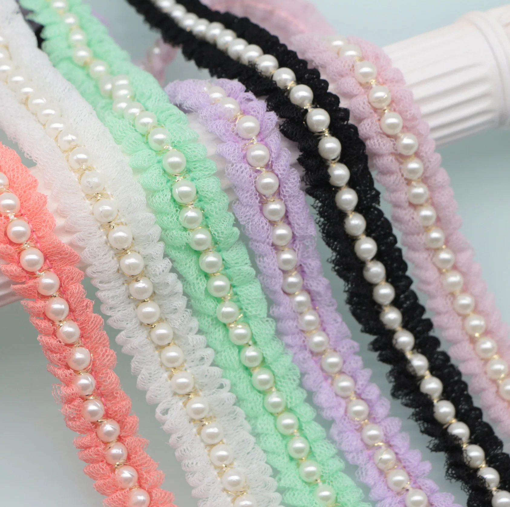 Stock Pearl Lace Ribbon For Dress Custom Pearl Decorative Lace Ribbon