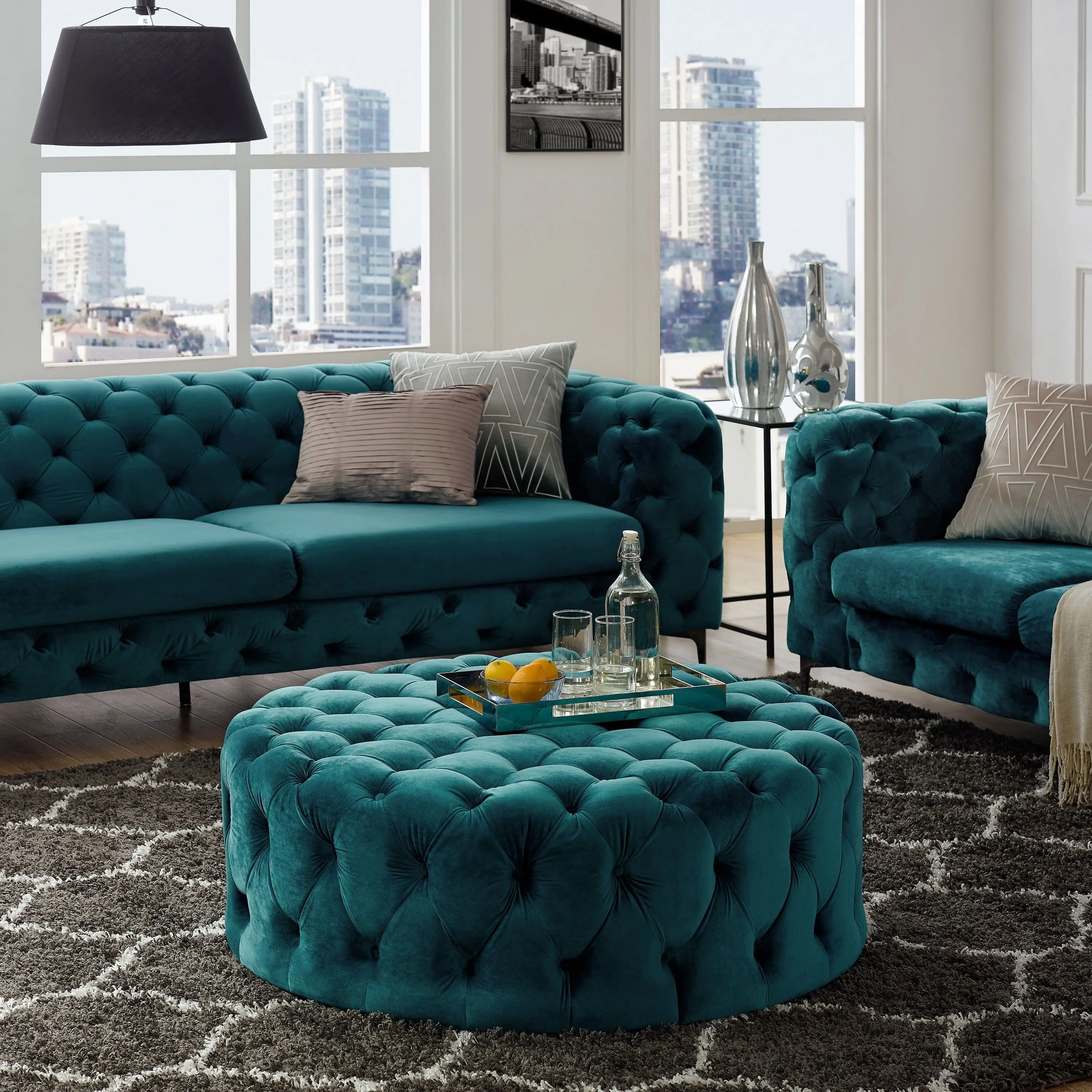 Modern Tufted Velvet Fabric Living Room Sofa Set