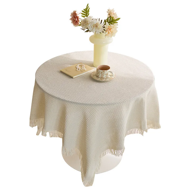 French Style Cotton Linen  White Tablecloth Tea Tablecloth Bedside Cabinet Retro Tassel Round Table Dining Tablecloth