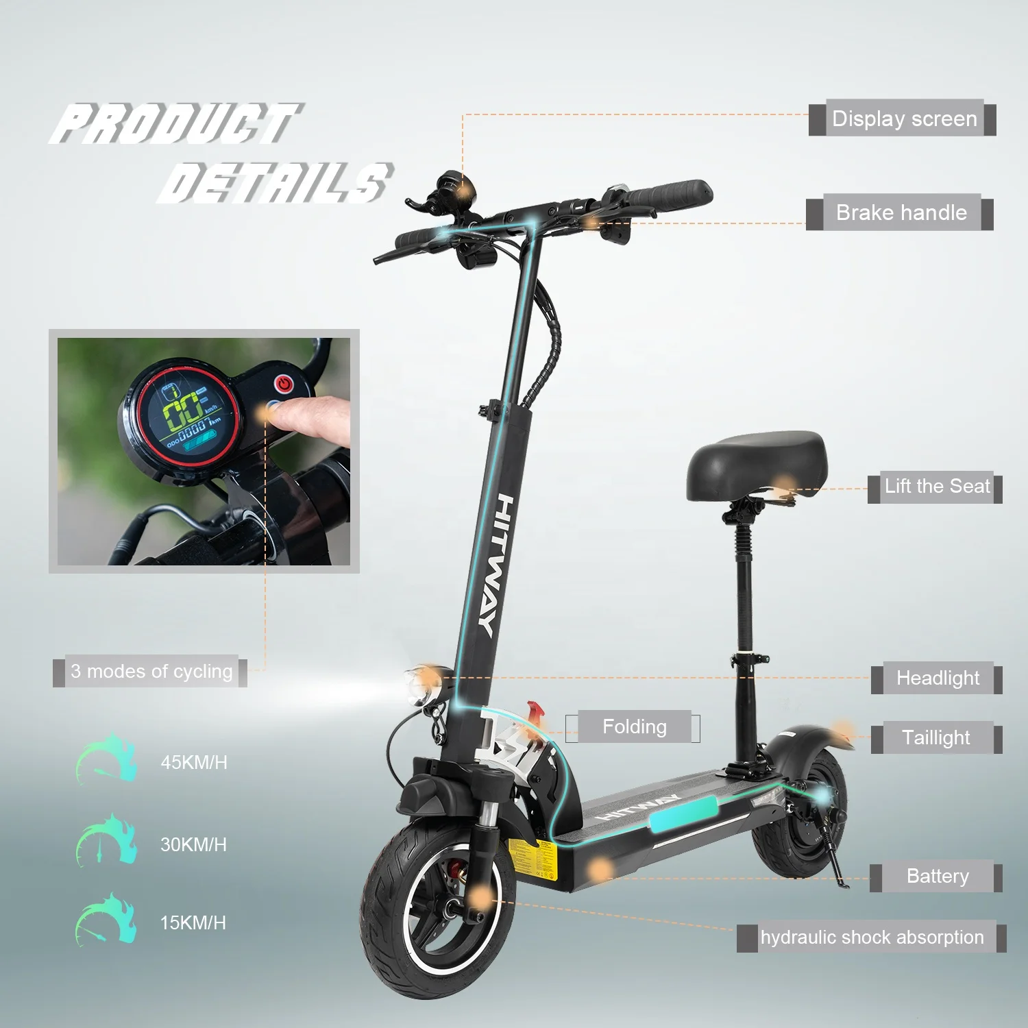 HITWAY EU Warehouse Stock Electric Scooter 800W 10Ah 45km/h Brushless Motor Foldable with Seat for Adult