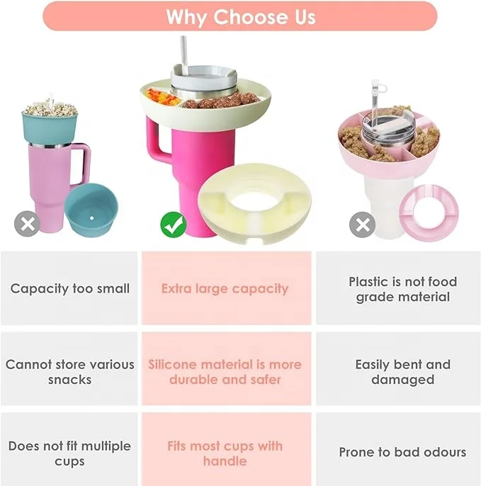 New Upgrade Silicone Reusable Snack Tray Bowl Ring Storage Containers For Stanley Cup 40oz Tumbler with Handle