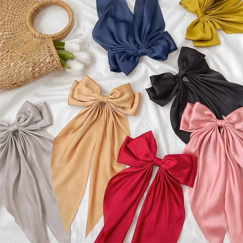 Wholesale Hot Selling Big Bow Spring Hair Clips Plain Color Stain Fabric Long Ribbon Hair Bows Accessories For Women