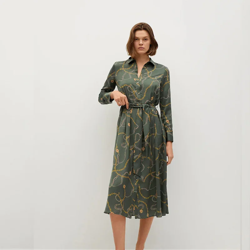 Summer turn down collar belt on the waist satin printed shirt dress
