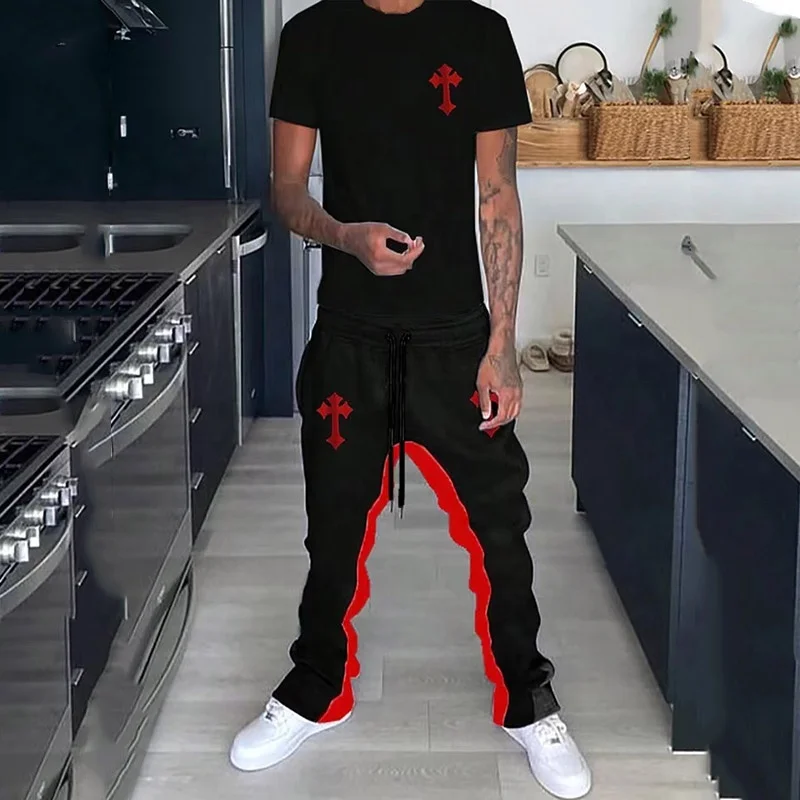 best quality custom design streetwear brand logo slim fit sport t-shirts flare gym tracksuits for men
