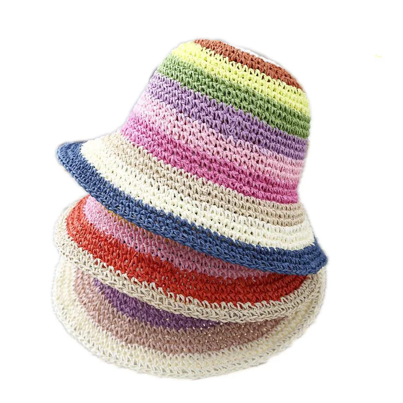 Handmade Beach Stripes Cap Crushable Foldable Rainbow Floppy Straw Bucket Hats For Women