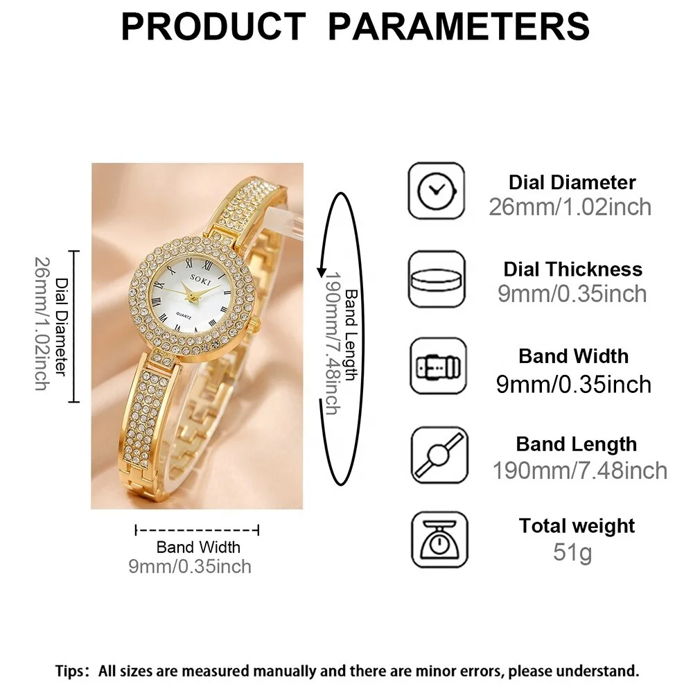 NW1406  5pcs Ladies Watch Jewelry Set Fashion Round Women Watch Rhinestone Necklace Earrings Ring Set