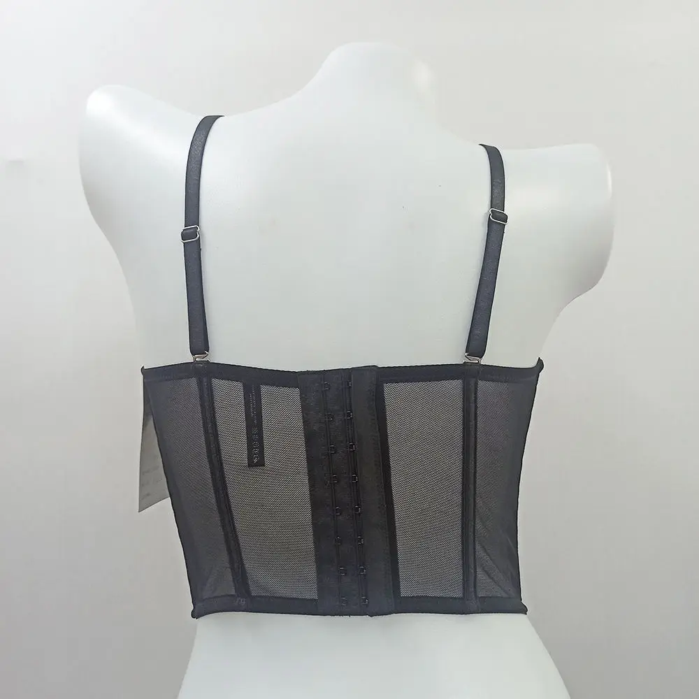 Ladies lingerie love pattern mesh corset top for women push up bra black Cropped Bustier with Red Sequin Heart