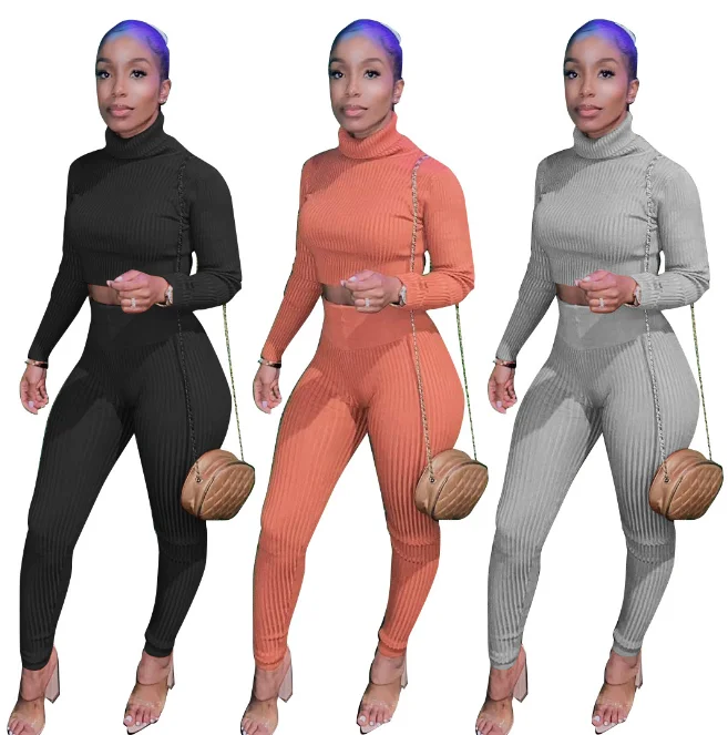 
Autumn and Winter New Sexy Tight High Neck Two Piece Sweater Set with High Elasticity 