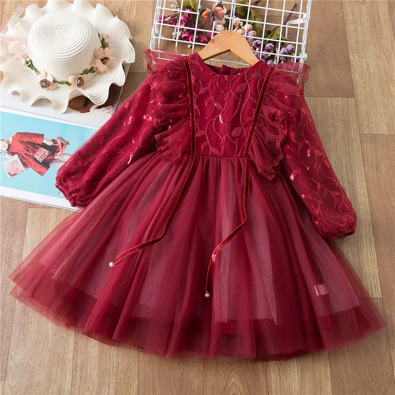 Sequined Flower Girls Christmas Dress Elegant Children Red New Year Costume Kids dresses for Girls Birthday Party Dress Vestidos