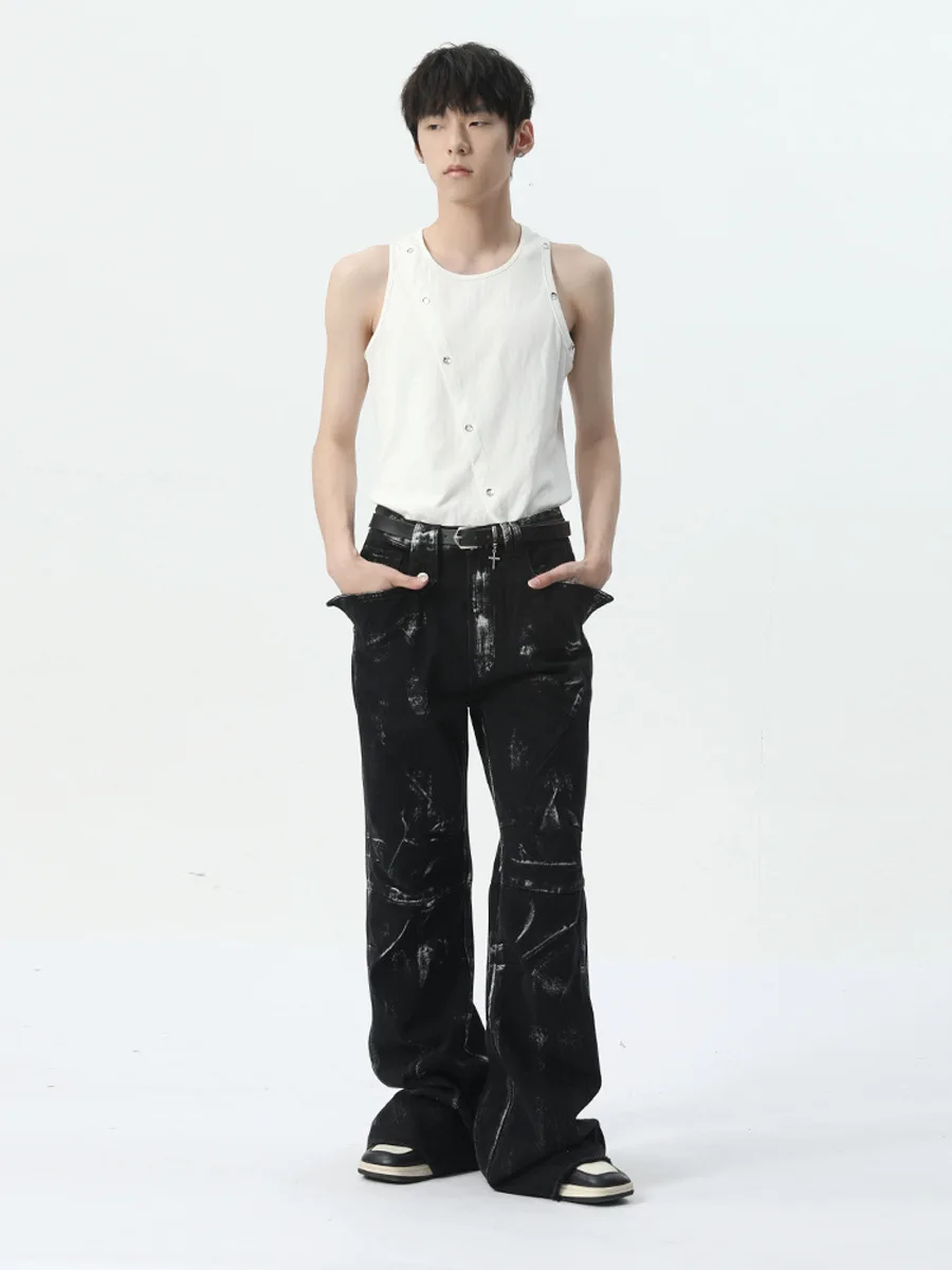 Design Custom Denim Streetstyle Baggy Waxed Flare Black Denim Jeans Men