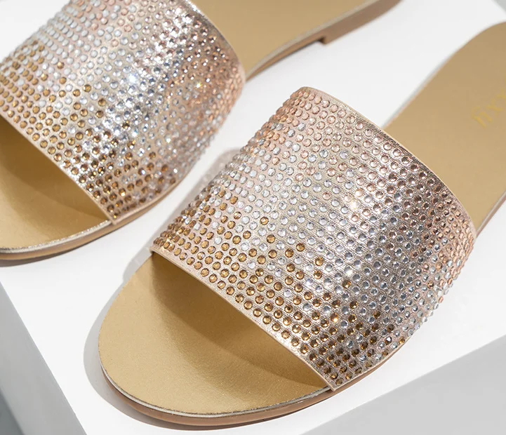 Fashion Bling Diamond Slippers Solid Color Casual Flat Sandals